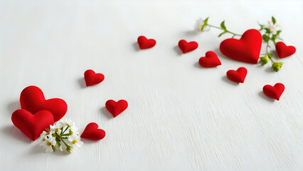 romance concept. top view of red hearts and white daisy on isolated white background, large empty space for text, banner, web header, card, flyer, poster, 300dpi