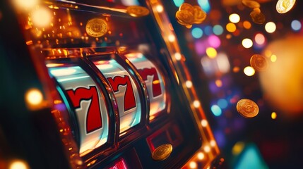 Jackpot win captured with a slot machine displaying triple sevens, surrounded by sparkling coins and vibrant casino lights