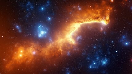 Fototapeta premium Abstract digital graphic shows colorful space nebula galaxy. Orange, blue glowing clouds of nebulae in dark space with bright stars. Cosmic landscape shows beauty, wonder of universe. Design perfect