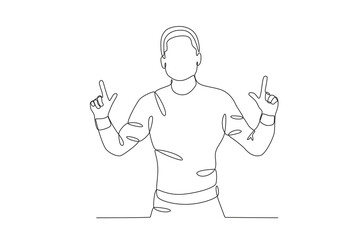 Single continuous line drawing of Very cheerful man with upward pointing pose. Dynamic single line draw design graphic vector illustration.