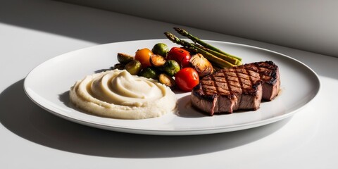 Grilled Steak with Mashed Potatoes and Roasted Vegetables.