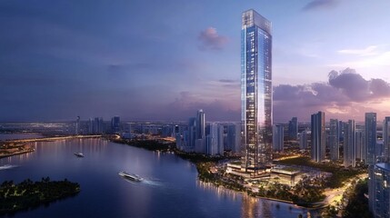 Obraz premium Modern, glass skyscraper dominates the cityscape, showcasing the architectural prowess of the business district. Its towering height and sleek facade embody the ambition