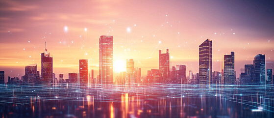 Fototapeta premium Vibrant Cityscape at Sunset: Smart City Technology and Network Connections