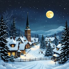 Naklejka premium Snowy village at night with a full moon