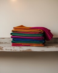 Colorful Silk Sarees Stacked On Wooden Shelf.