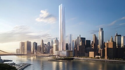 Obraz premium Modern, glass skyscraper dominates the cityscape, showcasing the architectural prowess of the business district. Its towering height and sleek facade embody the ambition