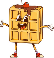 Cartoon Belgian waffle with chocolate topping groovy fast food character. Isolated vector wafer with a dripping and cherry berry. Cute fresh appetizer retro personage, funky pastry hippie y2k snack