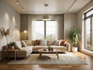 Fototapeta premium Cozy Yet Empty Living Room with Minimalist Decor, Soft Lighting, and Neutral Tones Ideal for Modern Home Interior Designs and Relaxation Spaces