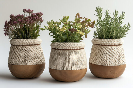 pots de fleurs avec cache pot d&eacute;coratif, texture macram&eacute;, couleur cr&egrave;me, design boh&egrave;me, motifs, tricot, fond blanc, d&eacute;coration, objet 3D r&eacute;aliste, HDR, photographie de studio, d&eacute;coration, tendance