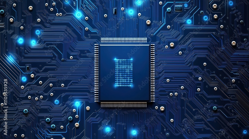 Poster closeup view of complex electronic circuit board. intricate blue glowing lines, patterns display hig