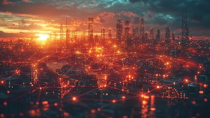 Interconnected Global Supply Chain City Skyline Sunset Panorama with Glowing Infrastructure Lights