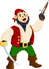 Cartoon gorilla monkey animal pirate or corsair character. Isolated adventurous vector ape dressed as nautical rover, with a colorful outfit, sword and gun, ready to embark on a plundering sea voyage