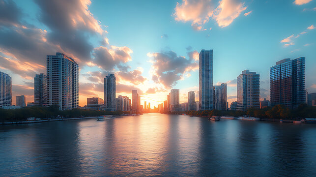 Stunning skyline at sunset with reflections on river, showcasing modern buildings and vibrant clouds. perfect blend of nature and urban life