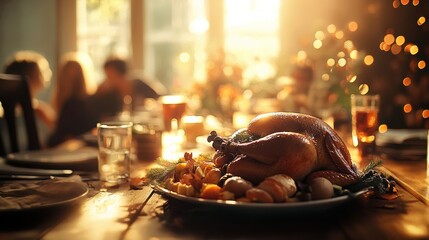 Thanksgiving dinner with family silhouettes and festive decor