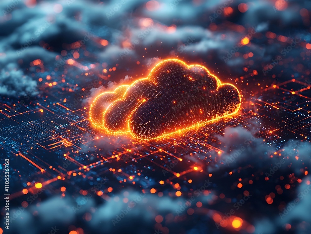 Poster futuristic ai driven cloud infrastructure nodes and platforms floating in cyberspace