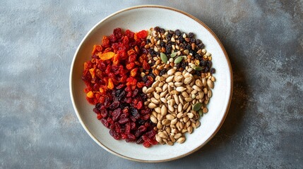 vibrant mix of dried fruits and seeds artistically arranged on plate, showcasing colorful and healthy snack option. combination includes raisins, nuts, and seeds