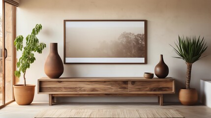 A stylish boho-inspired modern living room with a rustic wooden cabinet and blank frame on a white wall. Warm, relaxed atmosphere.