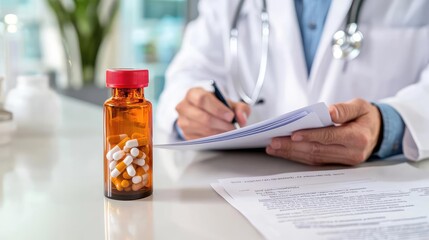 A prescription bottle on a counter, with a pharmacist in a white coat reviewing paperwork in the blurred background, medical focus