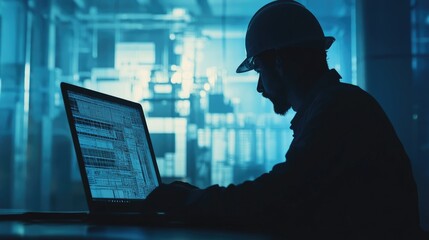 Fototapeta premium electrical engineer using laptop for design (close up, focus on, copy space) vibrant screen and interface, double exposure silhouette with CAD 