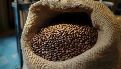 Close-up of a burlap sack filled with coffee beans