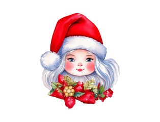 Whimsical Santa Girl Illustration with Holiday Flowers Watercolor style
