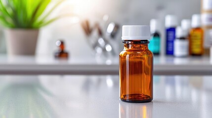 Focused shot of a single prescription bottle on a tidy counter, subtle pharmacy tools in the background, precise and trustworthy