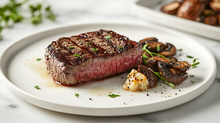 Delicate Pan-Seared Japanese A5 Wagyu Beef Tenderloin with Black Garlic Puree, Roasted Bone Marrow and Wild Mushroom Fricassee, Professional Fine Dining Photography