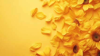 Obraz premium Sun-kissed sunflower petals scattered on a soft yellow backdrop, highlighting summer vibes with warm tones and copy space