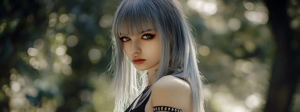 A photograph of an emo girl with silver hair, wearing a black and white outfit, posing for the camera