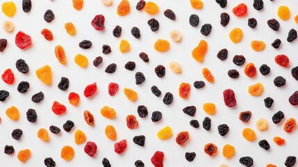 Aerial view of colorful mix of dried fruits spread on white background, showcasing vibrant hues and textures