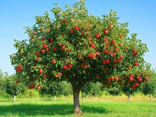 lush apple tree in full bloom stands in vibrant orchard, its branches heavy with bright red apples under clear blue sky