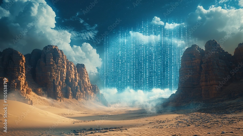 Poster technological desert data clouds casting binary shadows across the sand