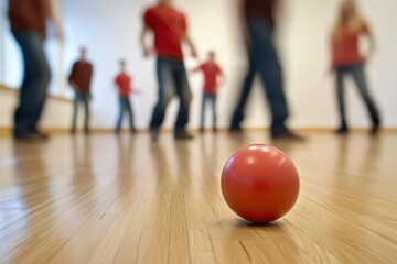 Fototapeta premium Red Ball In Front Of Blurred People Exercising