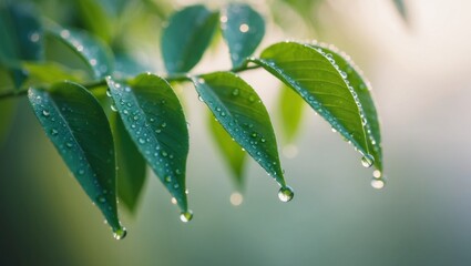 Dew Drops on Fresh Green Leaves in Summer Morning.