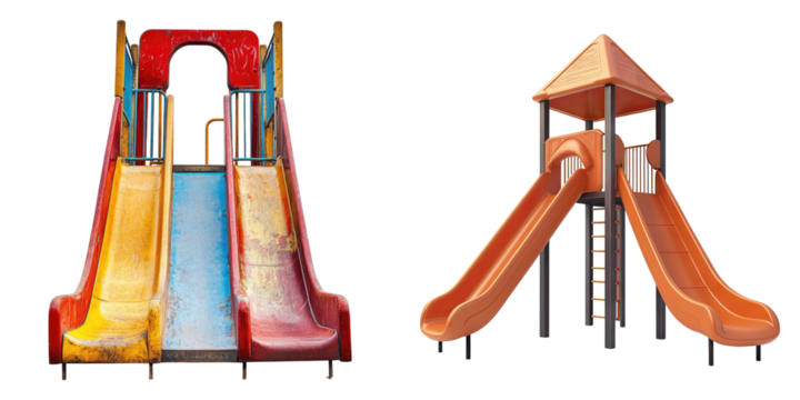 Outdoor slides children playground isolated on transparent background, Set of
