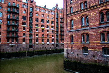 Spichler's Island, the world's largest port warehouse area, on wooden stilts. warehouses on islands in the middle of the Elbe. Warehouses on canals. Hamburg, Germany.