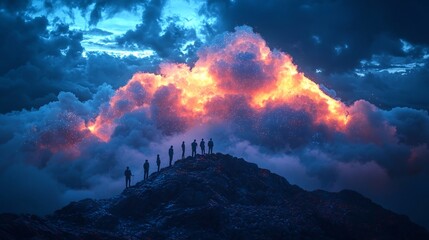 Fototapeta premium Climbers Reaching the Peak of Cloud Technology in Dramatic Mountain Landscape