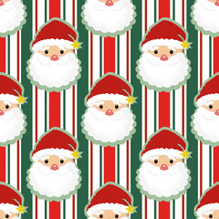 Playful Christmas seamless pattern featuring Santa Claus faces on red, green, and white striped backgrounds. Perfect for gift wrap, crafts, and festive decorations.