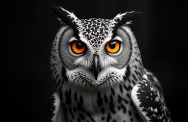 Obraz premium Close-up portrait of owl. Sharp focus on detailed features. Black and white patterns on feathered body. Bright orange eyes. Dark background highlights owl. Expert lighting creates dramatic effect.