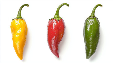 Three vibrant chili peppers in yellow, red, and green are isolated on white background, showcasing their fresh and colorful appearance