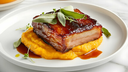 Slow-Cooked Heritage Breed Berkshire Pork Belly with Apple-Cider Reduction, Butternut Squash Puree and Crispy Sage, Professional Comfort Food Photography