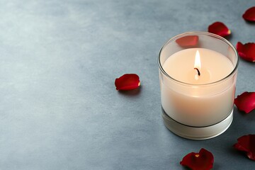 A serene candle burns softly beside scattered rose petals, creating a romantic and calming atmosphere.