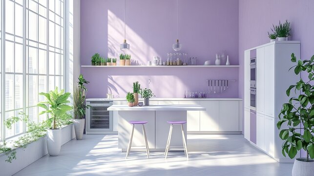 Bright and airy modern kitchen with a purple accent wall, featuring white cabinets and lush indoor plants.