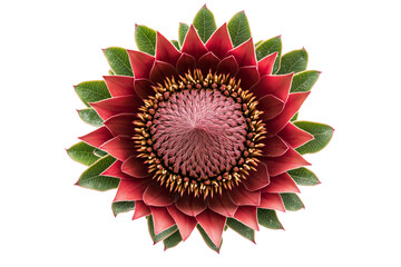 top view of a full bloom African red protea flower isolated on a white background