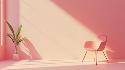 A 3D render of a simple chair and desk setup on a pastel background, emphasizing focus and professional setting simplicity