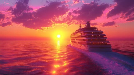 Cruise Ship Sailing at Sunset Over Ocean Waters