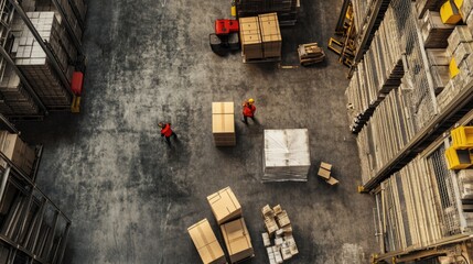 Two male warehouse workers in red vests organizing packages amidst tall shelves of stacked boxes.