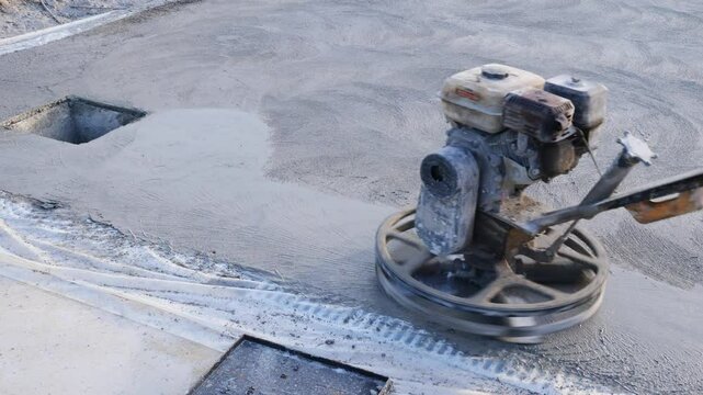 Operator using a concrete power trowel in slow motion x0,5