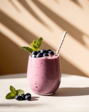 A delicious berry smoothie garnished with mint and blueberries on a sunny day.