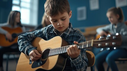A focused young boy, around 8 years old, playing an acoustic guitar during a music class.